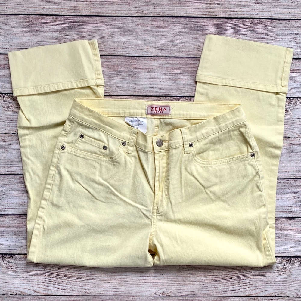 Zena, Wide Cuff Cropped Jeans, Yellow, Size 8